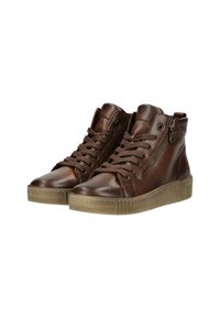 Bruine leren hoge sneakers met vetersluiting, zijrits en een gestructureerde rubberen zool. Voorzien van subtiele stikdetails.