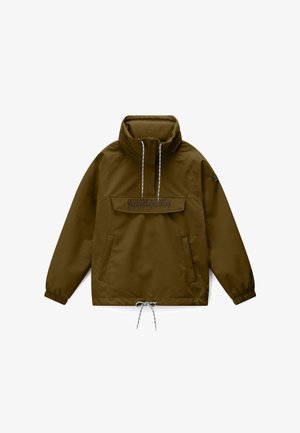 Olivgrüne Pulloverjacke mit hohem Kragen, verstellbaren Kordeln am Hals und Saum, Frontklappentasche, Seitentaschen und elastischen Bündchen.