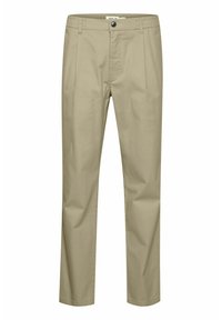 Light beige pants made of cotton blend fabric, featuring a straight leg design, belt loops, front pockets, and a button closure.