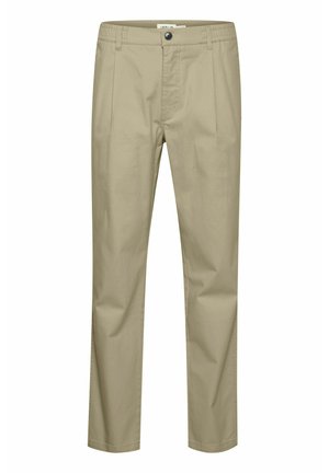 Svetlo bež hlače, izdelane iz mešanice bombaža, s straight leg krojem, zanka za pas, sprednji žepi in gumbasto zapiranje.