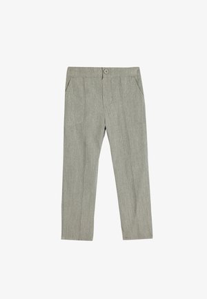 Lys grå bukser lavet af struktureret stof, med knaplukning, to forreste lommer og skræddersyede sømme for en tætsiddende pasform.