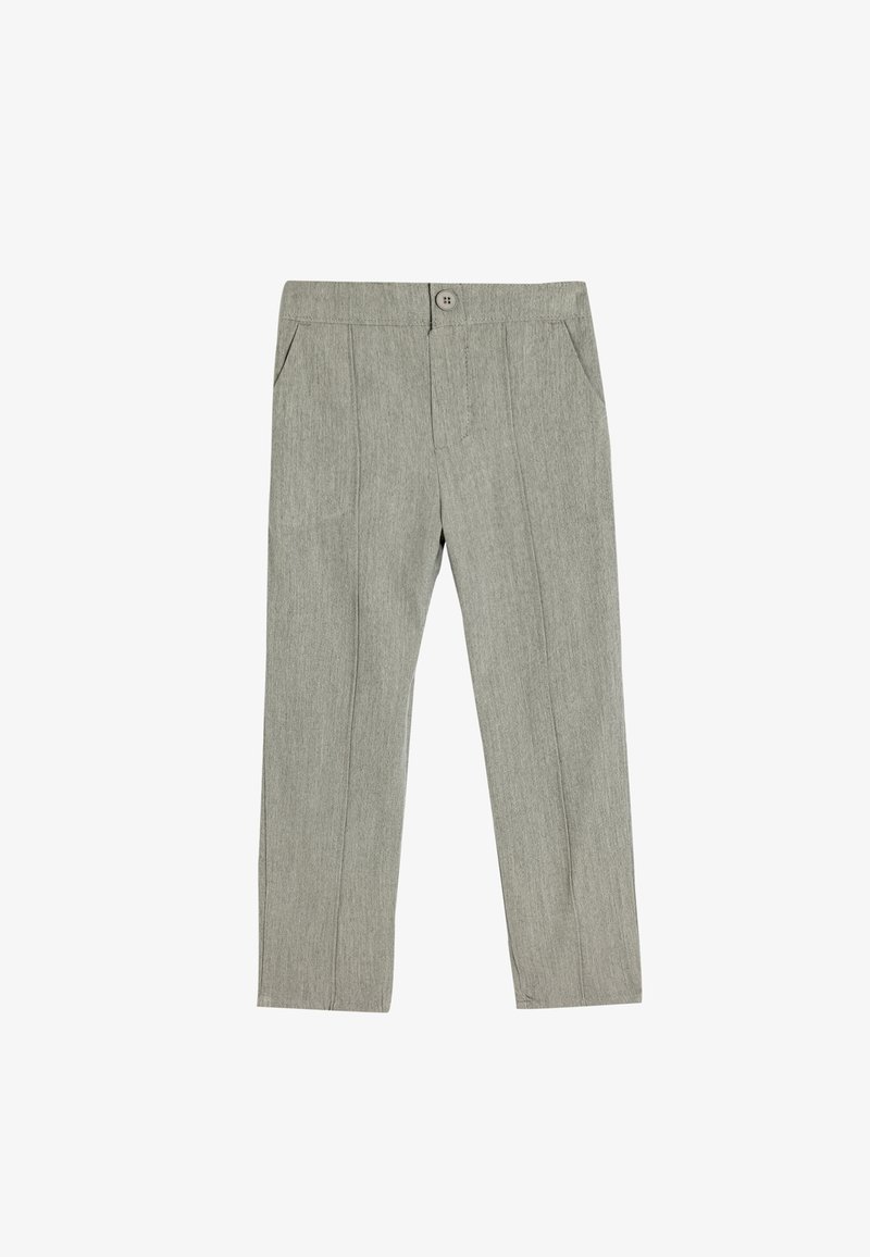 Ljust gråbyxor i strukturerad tyg, med knappstängning, två framfickor och skräddarsydda sömmar för en figurnära look.