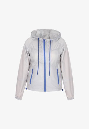 Kerge, kapuutsiga jakk helesinises halli värviga, siniste detailidega; sisu lukuga, reguleeritava kapuutsiga ja elastsete mansettidega. Kahel külgtaskul.