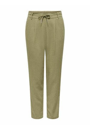 Pantalons vert olive clair avec une taille à cordon et deux poches avant, conçus pour le confort et le port décontracté.