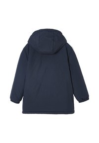 Marineblau gepolsterte Jacke mit Kapuze, elastischen Bündchen und glatter Textur. Verfügt über ein einfaches Design ohne sichtbare Muster oder Akzente.