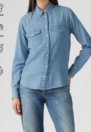 Kobieta ubrana w jasnoniebieską jeansową koszulę zapinaną na guziki z dwiema kieszeniami na piersi oraz pasujące jeansy na gładkim tle.