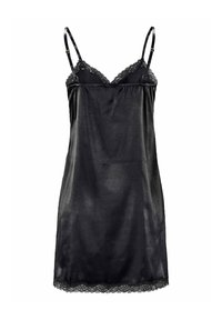 Vestido de satén negro tipo slip con encaje en el escote y el dobladillo. Cuenta con tirantes ajustables y una textura suave y brillante. Diseño minimalista.