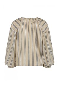 Lichtbeige blouse met lange mouwen, voorzien van verticale donkerblauwe strepen, gestructureerde stof, geplooide achterkant en ronde halslijn met knoopsluiting.