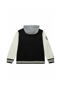 Kapuzensweatshirt in Schwarz, Creme und Grau. Mit gestreiften Bündchen und Saum, einem Logopatch am Ärmel und einer weichen Stofftextur.
