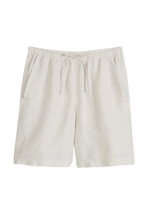 Lichtbeige linnen shorts met een elastische tailleband, trekkoordsluiting en zijzakken. Eenvoudig ontwerp, lichtgewicht textuur.