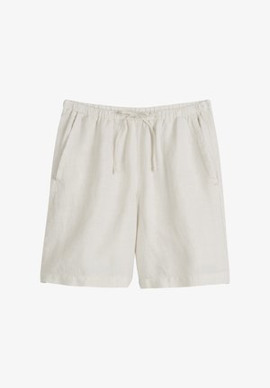 Lichtbeige linnen shorts met een elastische tailleband, trekkoordsluiting en zijzakken. Eenvoudig ontwerp, lichtgewicht textuur.