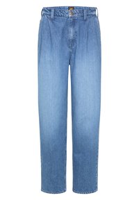 Jeans in denim blu con vestibilità rilassata, pieghe frontali, gambe dritte e un leggero sbiadimento. Completati con tasche standard e chiusura a bottoni.