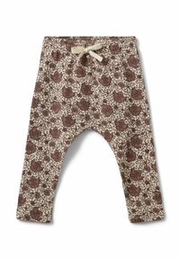 Dětské kalhoty s hnědým květinovým vzorem na béžové látce, s elastickým pasem a zavazovací šňůrkou v krémové barvě.