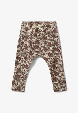 Babyhose mit braunem Blumenmuster auf beigem Stoff, ausgestattet mit einem elastischen Taillenbund und einer gebundenen cremefarbenen Kordel.