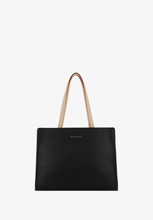 Schwarze Leder-Umhängetasche mit glatter Textur, kontrastierenden hellbraunen Trägern und einem silbernen Logo auf der Vorderseite. Rechteckige Form, minimalistisches Design.