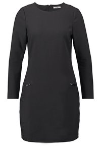 Robe droite noire à manches longues avec col rond et deux poches zippées à la taille, fermeture éclair au dos.
