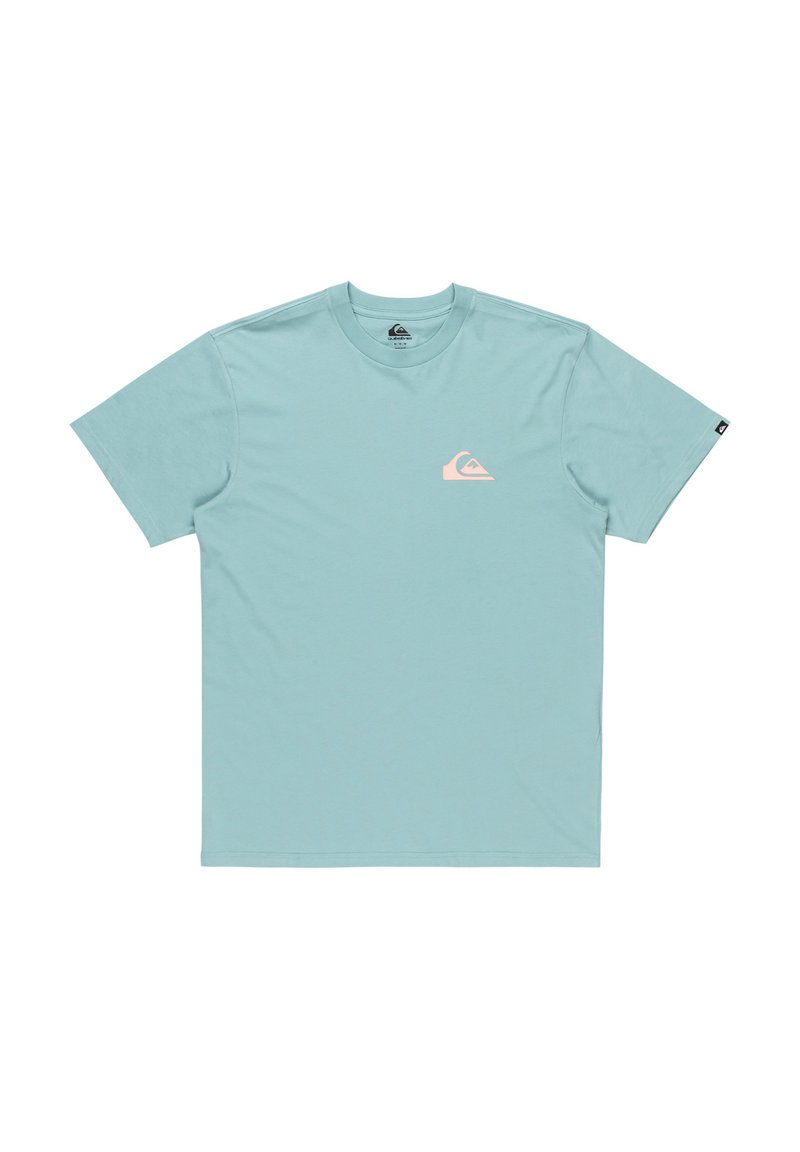 Light blue cotton t-shirt with a round neckline and short sleeves. Features a pink logo on the left chest and a black tag on the sleeve.