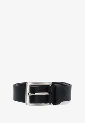 Czarny skórzany pasek z prostokątną srebrną klamrą. Pasek ma gładką fakturę i klasyczny design, odpowiedni do różnych stylizacji.