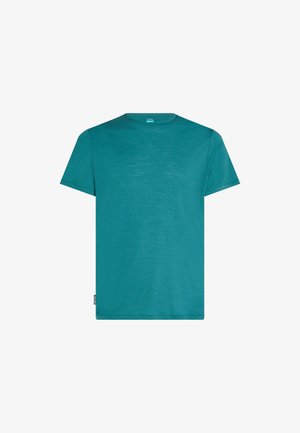 Teal short-sleeve t-shirt made of lightweight fabric. Features a crew neckline and a small tag on the left side at the hem.
