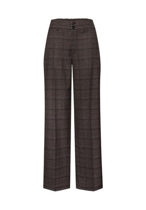 Pantaloni a quadri marroni con vita alta e gamba larga, dotati di chiusura a doppio bottone e passanti per cintura, mostrati su uno sfondo bianco.
