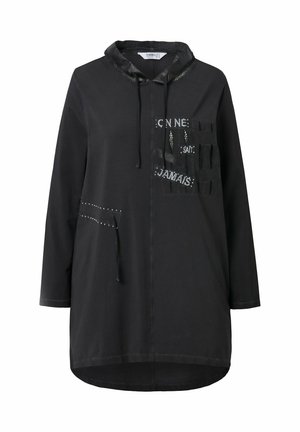 Black hoodie with a front zip, featuring a mesh-lined hood, scripted accents, patch pockets, and studded detailing. Long sleeves, relaxed fit.