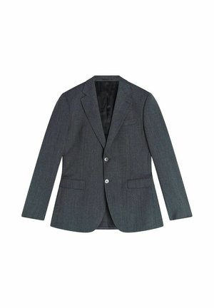 Donkergrijze blazer van wolmix met notch-lapels, enkele knoopsluiting en twee voorzakken. Geweven stofafwerking.