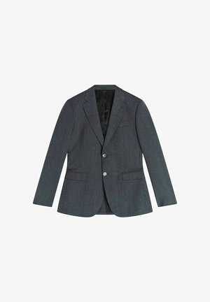 Donkergrijze blazer van wolmix met notch-lapels, enkele knoopsluiting en twee voorzakken. Geweven stofafwerking.