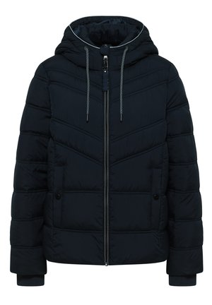 Giacca imbottita blu navy con cappuccio, presenta una chiusura con zip, cuciture a chevron, tasche laterali e cordini grigi con punte nere.
