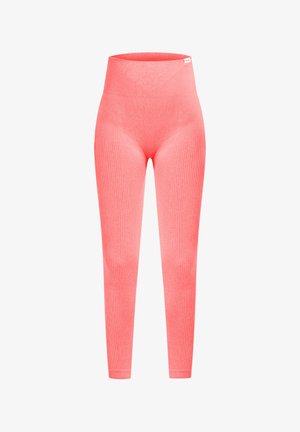 Rosa gerippte Leggings mit hohem Bund, aus einem strukturierten Stoff und mit schmal zulaufenden Beinen. Keine sichtbaren Beschläge oder Muster.