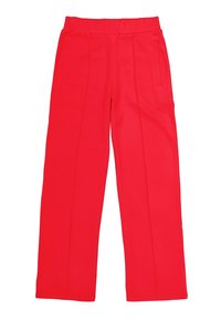Pantalons larges rouges avec une taille élastique, dotés de deux poches latérales et de coutures verticales pour un look structuré. Texture de tissu lisse.