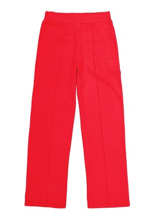 Red wide-leg pants with an elastic waistband, featuring two side pockets and vertical seams for a structured look. Smooth fabric texture.