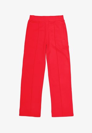 Rote weite Hosen mit elastischem Bund, ausgestattet mit zwei Seitentaschen und vertikalen Nähten für einen strukturierten Look. Glatte Stoffoberfläche.