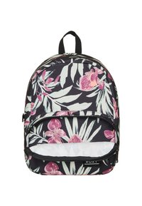 Mochila floral con un fondo negro y patrones tropicales en rosa y verde, equipada con un bolsillo frontal con cremallera y un asa de tela.