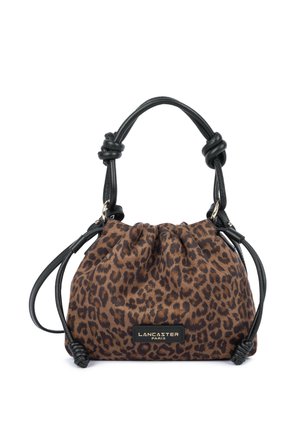 Piccola borsa a tracolla con coulisse in tessuto marrone e nero stampato maculato, manici neri annodati e etichetta frontale Lancaster Paris.