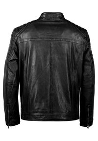 Sort lædermotorcykeljakke med kviltede skulderdetaljer, glat tekstur og lynlåse ved håndleddene. Har en klassisk krave og syninger.