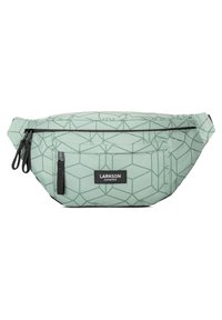 Marsupio a cintura con motivo geometrico verde, zip nere, tracolla regolabile e tasca frontale. Materiale con superficie liscia. Etichetta del marchio visibile.