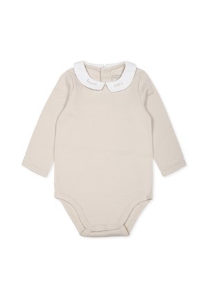 Body per neonati beige a maniche lunghe con colletto Peter Pan bianco, dotato di chiusure a pressione sul fondo e dettagli ricamati sul colletto.