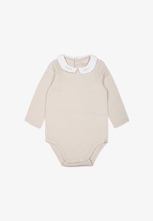 Body per neonati beige a maniche lunghe con colletto Peter Pan bianco, dotato di chiusure a pressione sul fondo e dettagli ricamati sul colletto.
