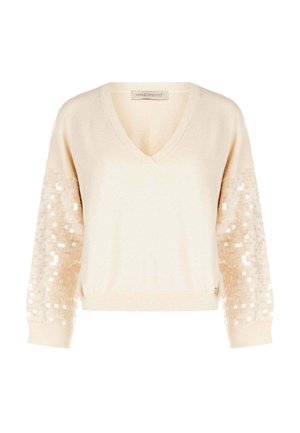 Maglione beige lavorato a maglia con scollo a V, con maniche testurizzate decorate con paillettes. Polsini e orlo a coste completano il design.
