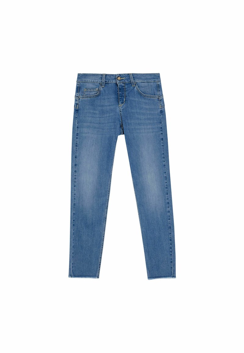 Skinny jeans in lichtblauwe denim, met een middenhoog taille, vijf zakken en subtiele vervaging. Het ontwerp heeft contraststiksel.