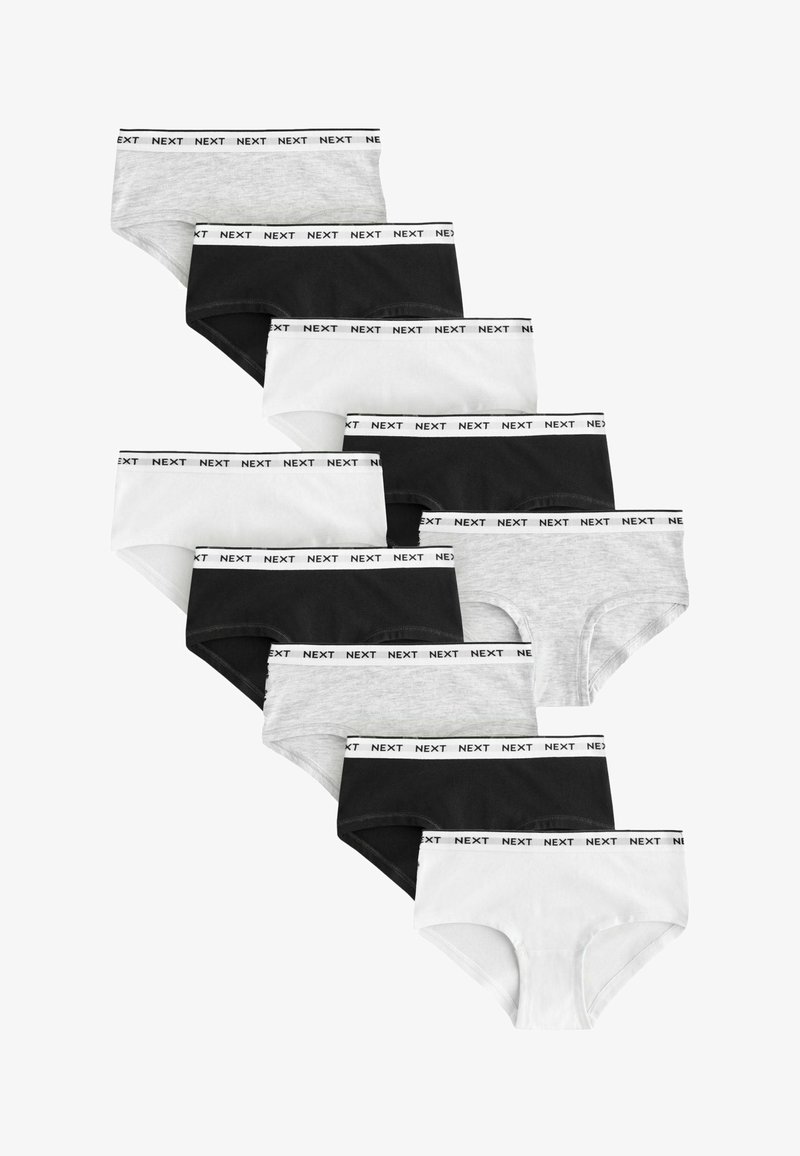 Dix slips hipster pour femmes en blanc, noir et gris, chacun avec une ceinture blanche portant le mot "NEXT" en noir.