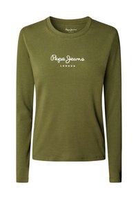 Olivgrünes Langarm-T-Shirt aus weicher Baumwolle mit Rundhalsausschnitt. Auf der Vorderseite befindet sich das weiße Logo "Pepe Jeans London".