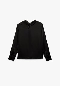 Schwarze Bluse mit langen Ärmeln aus glattem Stoff, mit einem Kragen, der eine Schlüsselöffnung und kleine Perlenknöpfe an den Manschetten zur Verzierung aufweist.
