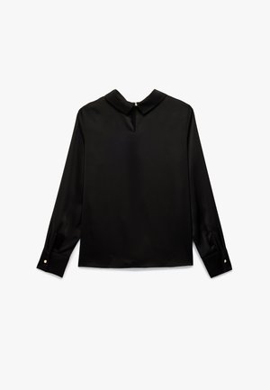 Black long-sleeve blouse in smooth fabric with a collar, featuring a keyhole opening and small pearl button at the cuffs for detail.