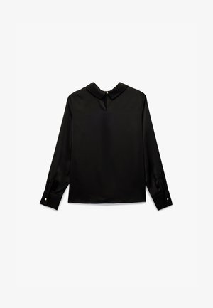 Black long-sleeve blouse in smooth fabric with a collar, featuring a keyhole opening and small pearl button at the cuffs for detail.