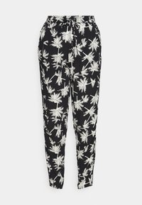 Pantalones negros con un estampado de palmeras blancas, cinturilla elástica con cordón y diseño de pierna ajustada. Tela ligera con una textura suave.