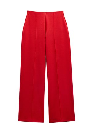 Czerwone szerokie spodnie z wysokim stanem, z detalami szwu z przodu, zaprojektowane tak, aby zapewniać dopasowany, a zarazem swobodny krój.