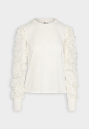 Weißes Langarmshirt mit rüschendem Blumenmuster an den Ärmeln, aus weichem Stoff, mit rundem Ausschnitt und enganliegenden Manschetten.