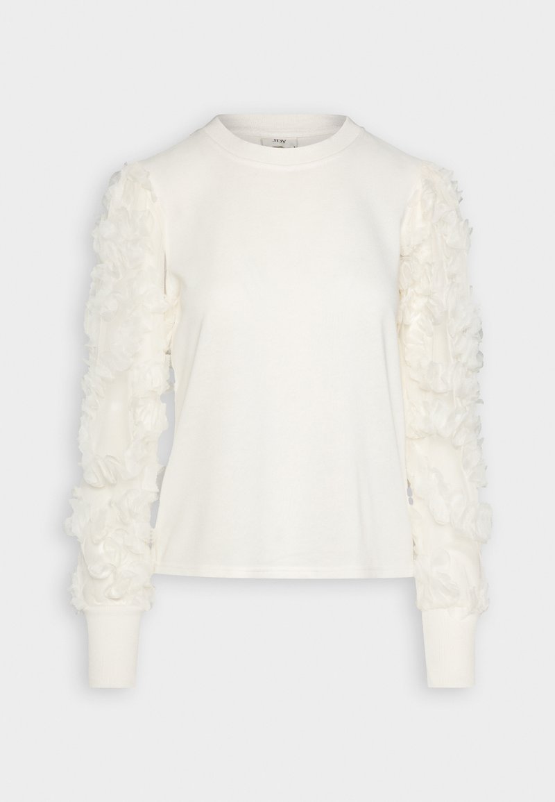 Top bianco a maniche lunghe con design floreale arricciato sulle maniche, realizzato in tessuto morbido, con scollatura rotonda e polsini aderenti.