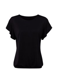 Blusa negra de manga corta con escote redondo y dobladillo ligeramente fruncido, mostrada sobre un fondo blanco liso.